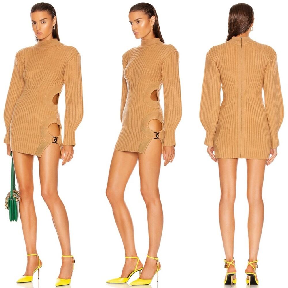 David Koma Camel Side Cutout Ribbed Knit Mini Dress